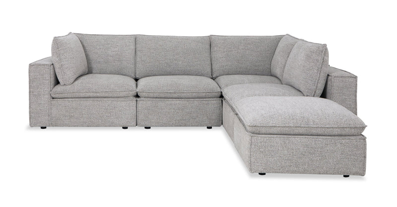 Fusion Modular 5-Piece Silver Grey Chenille Fabric Sectional with Feather Down Cushions and Ottoman
