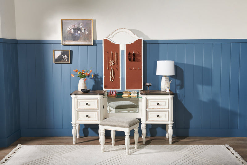 Grace 3-Piece Vanity Set with Lift-Top Stool – Antique White