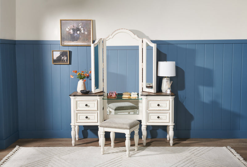 Grace 3-Piece Vanity Set with Lift-Top Stool – Antique White