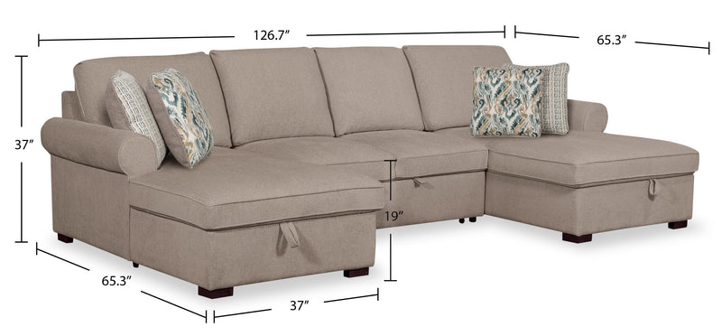 Haven 3-Piece Chenille Sleeper Sectional - Taupe