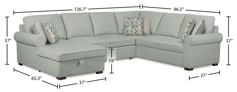 Scott Living Haven 3-Piece Left-Facing Chenille Fabric Sleeper Sectional with Storage Chaise - Seafoam Blue 