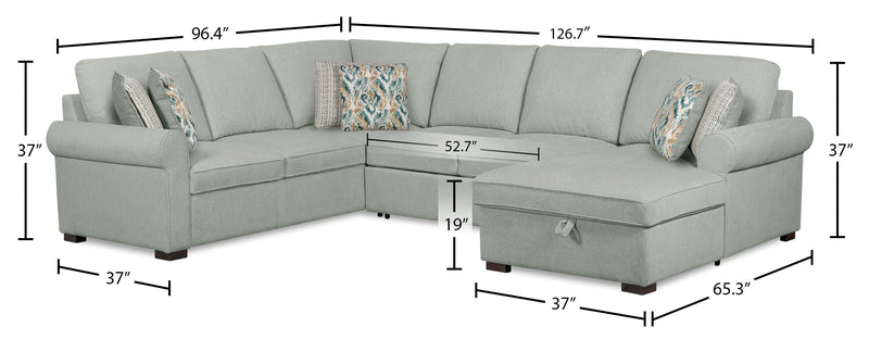 Scott Living Haven 3-Piece Right-Facing Chenille Fabric Sleeper Sectional with Storage Chaise - Seafoam Blue 