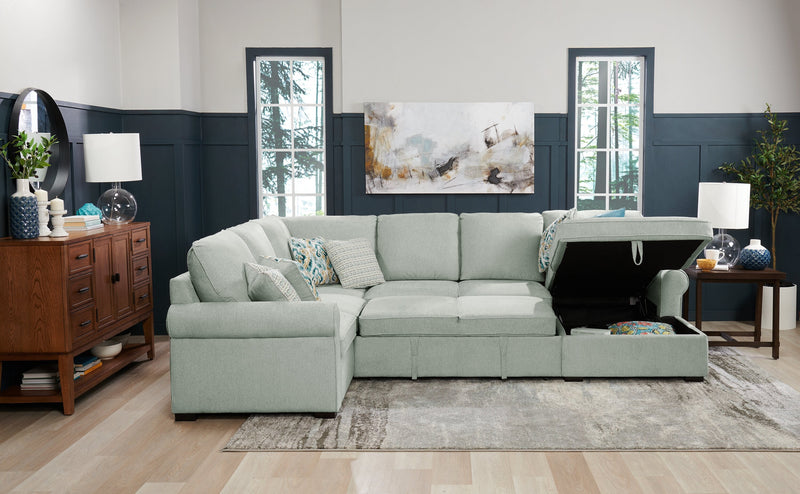 Scott Living Haven 3-Piece Right-Facing Chenille Fabric Sleeper Sectional with Storage Chaise - Seafoam Blue 