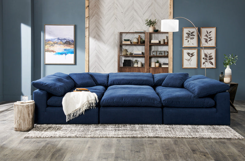 Eclipse Modular 6-Piece Linen-Look Fabric Pit Sofa Sectional with Reversible Feather Down Cushions - Navy Blue 
