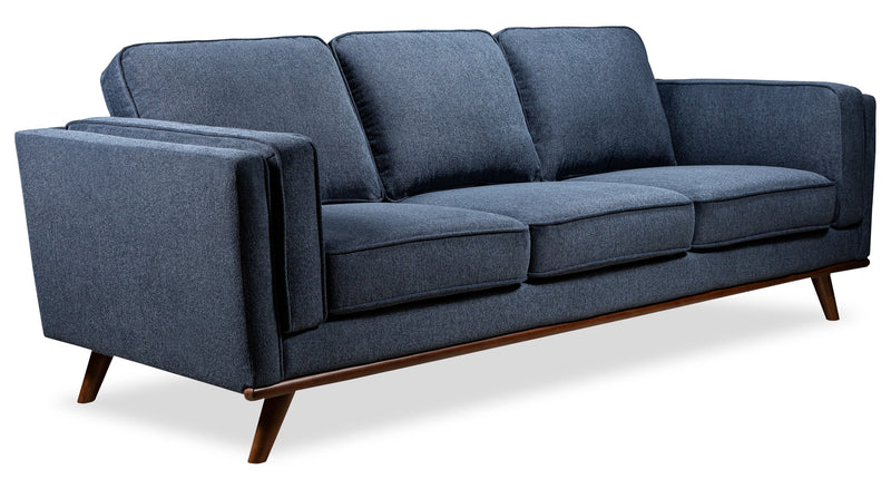 Kort & Co. Kassia 90.6\" Linen-Look Fabric Sofa with Wood Base and Legs - Blue 