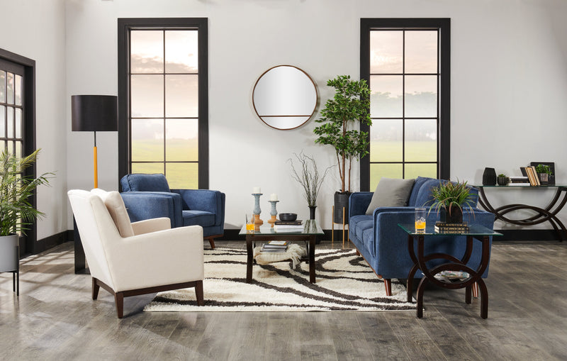 Kort & Co. Kassia 90.6\" Linen-Look Fabric Sofa with Wood Base and Legs - Blue 