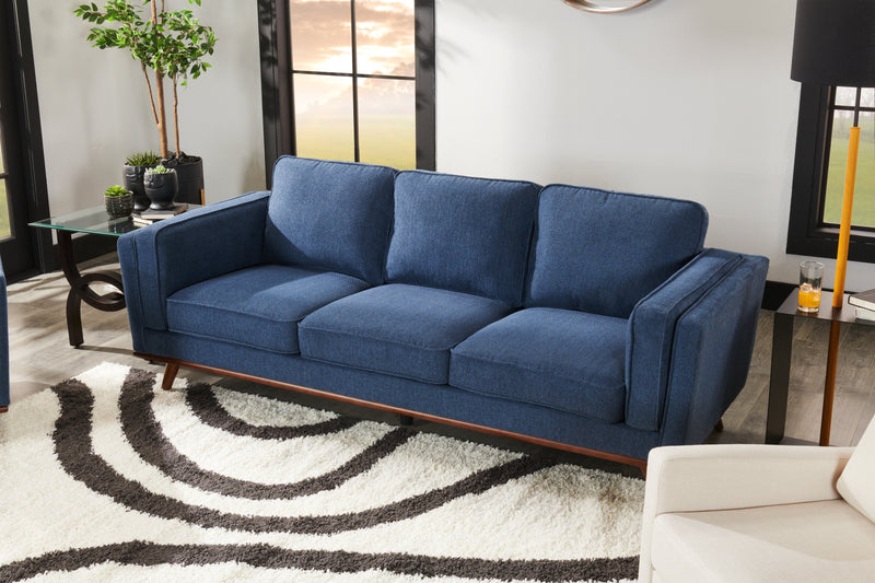 Kort & Co. Kassia 90.6\" Linen-Look Fabric Sofa with Wood Base and Legs - Blue 