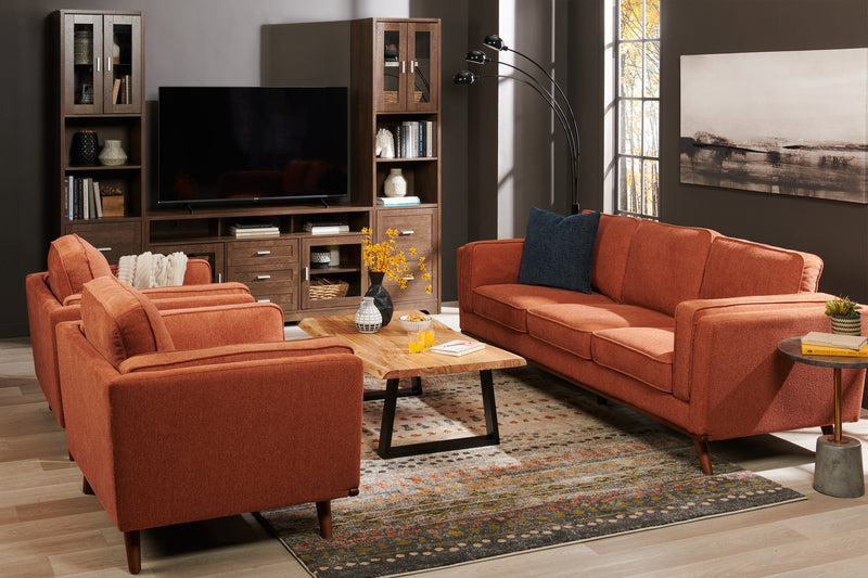 Kort & Co. Kassia 90.6\" Linen-Look Fabric Sofa with Wood Base and Legs - Orange 
