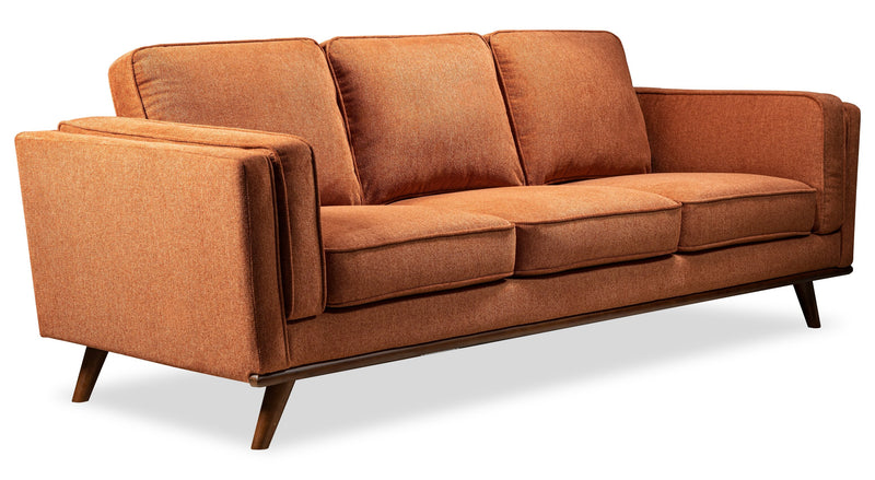 Kort & Co. Kassia 90.6\" Linen-Look Fabric Sofa with Wood Base and Legs - Orange 