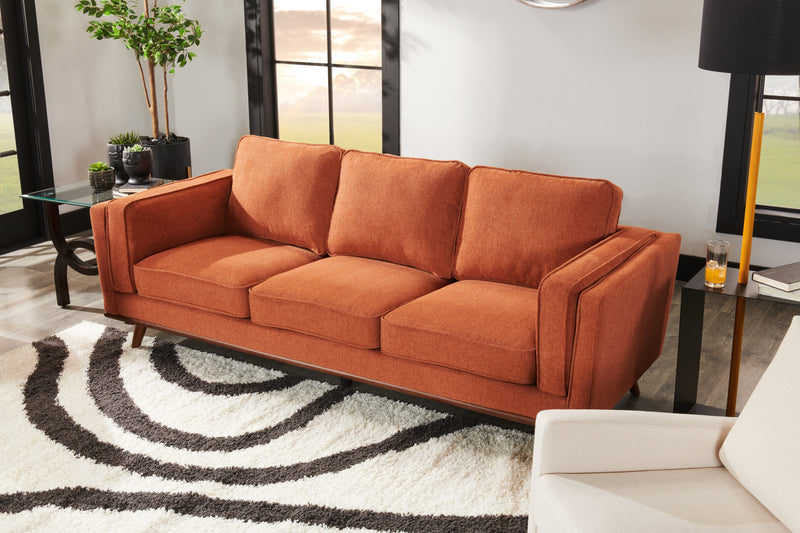 Kort & Co. Kassia 90.6\" Linen-Look Fabric Sofa with Wood Base and Legs - Orange 