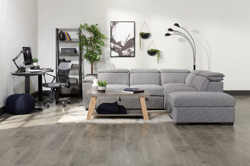 Kelly 43.3\" Modern Coffee Table with Shelf - Grey Stone Top with Light Wood Legs