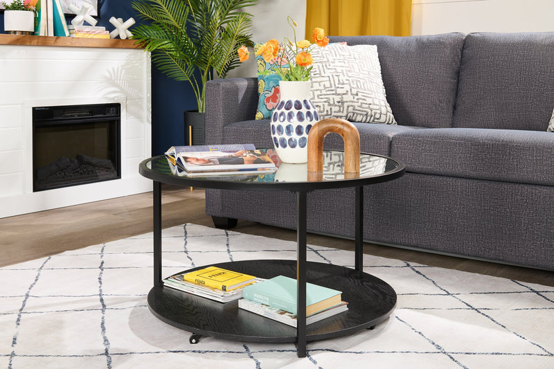 Kendal 31.5\" Modern Round Glass Top Coffee Table - Black