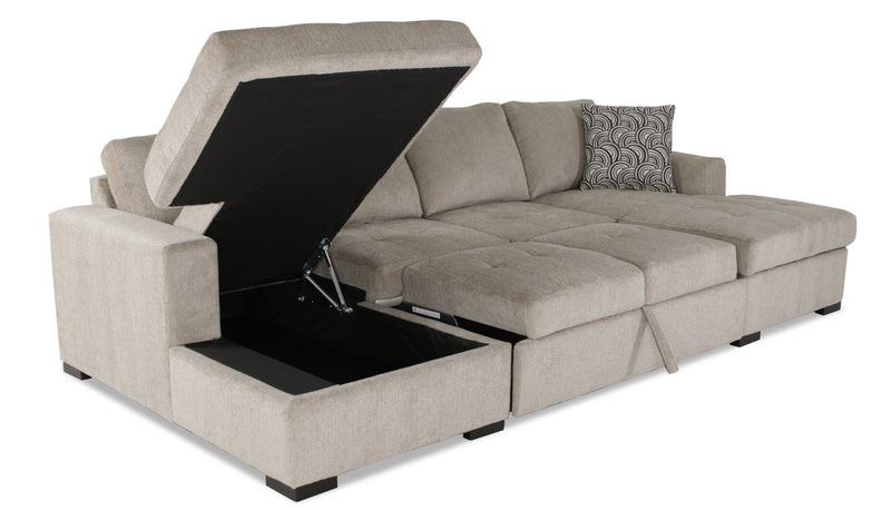 Made in Canada Legend 3-Piece Chenille Fabric Sleeper Sectional with Two Storage Chaises - Platinum Beige 