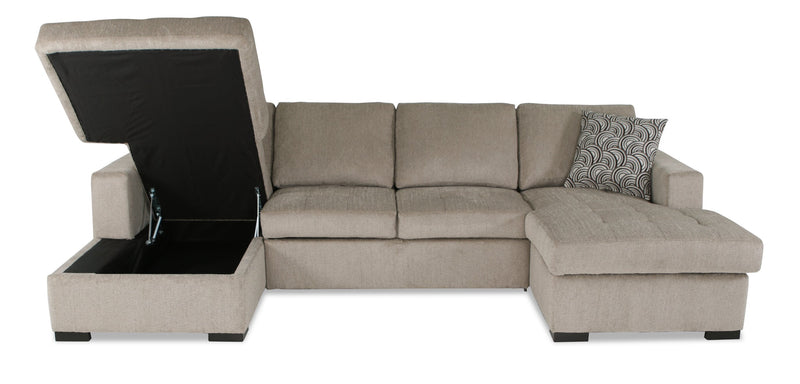 Made in Canada Legend 3-Piece Chenille Fabric Sleeper Sectional with Two Storage Chaises - Platinum Beige 