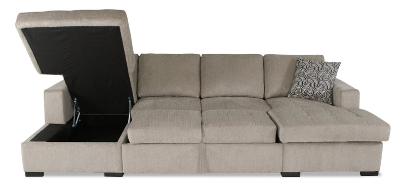 Made in Canada Legend 3-Piece Chenille Fabric Sleeper Sectional with Two Storage Chaises - Platinum Beige 