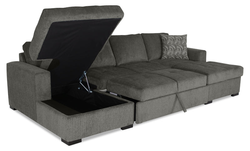 Made in Canada Legend 3-Piece Chenille Fabric Sleeper Sectional with Two Storage Chaises - Pewter Brown 
