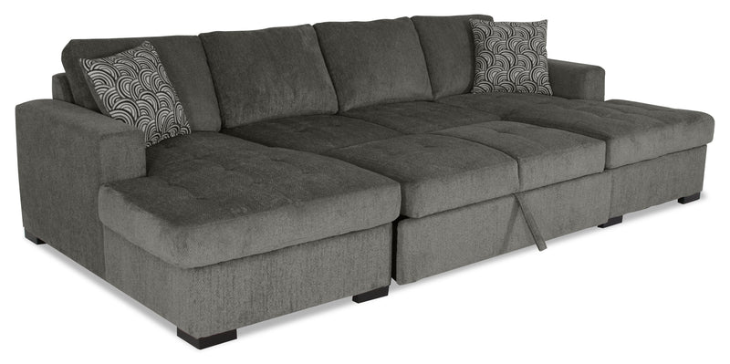 Made in Canada Legend 3-Piece Chenille Fabric Sleeper Sectional with Two Storage Chaises - Pewter Brown 