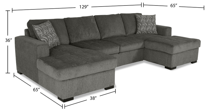 Made in Canada Legend 3-Piece Chenille Fabric Sleeper Sectional with Two Storage Chaises - Pewter Brown 