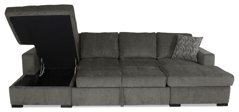 Made in Canada Legend 3-Piece Chenille Fabric Sleeper Sectional with Two Storage Chaises - Pewter Brown 