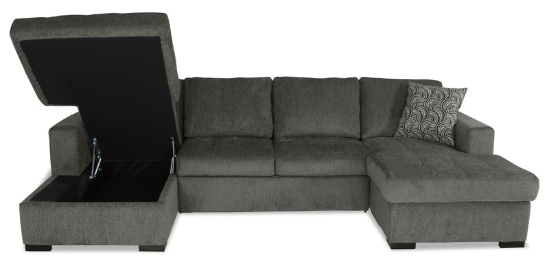 Made in Canada Legend 3-Piece Chenille Fabric Sleeper Sectional with Two Storage Chaises - Pewter Brown 