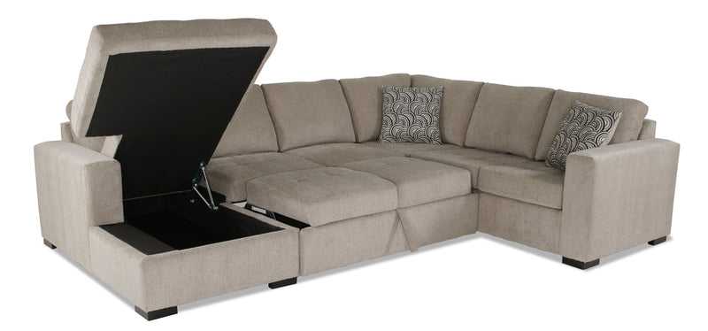 Made in Canada Legend 3-Piece Left-Facing Chenille Fabric Sleeper Sectional with Storage Chaise - Platinum Beige 