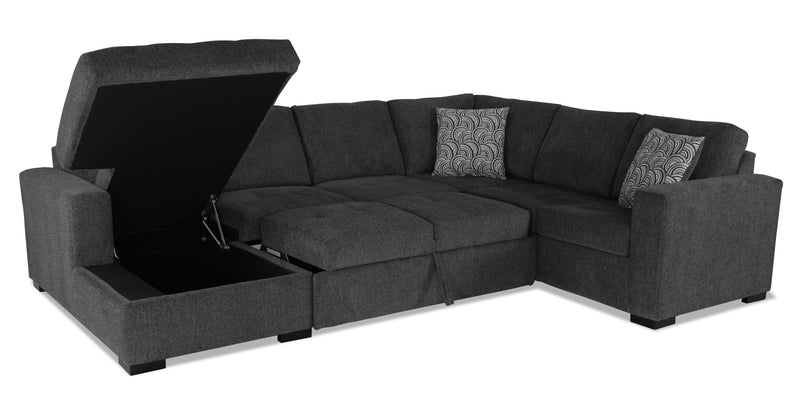 Made in Canada Legend 3-Piece Left-Facing Chenille Fabric Sleeper Sectional with Storage Chaise - Pepper Grey 