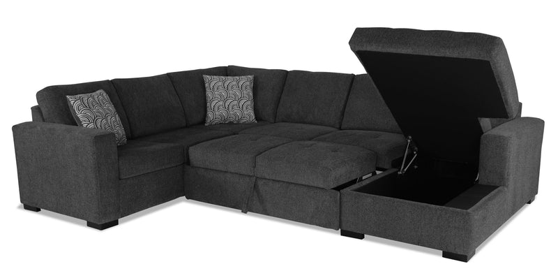 Made in Canada Legend 3-Piece Right-Facing Chenille Fabric Sleeper Sectional with Storage Chaise - Pepper Grey 