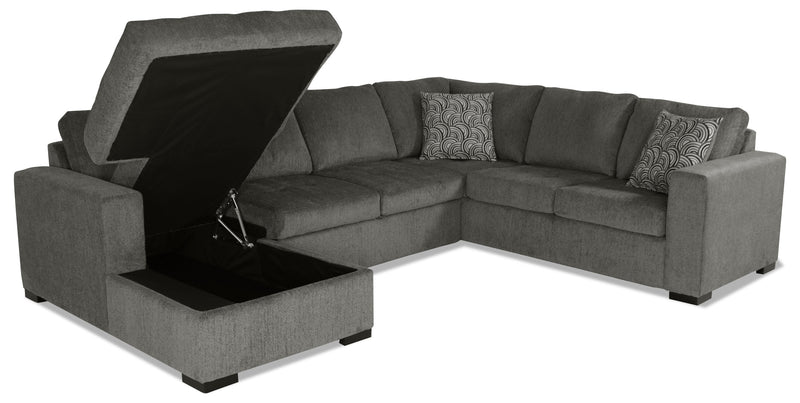Made in Canada Legend 3-Piece Left-Facing Chenille Fabric Sleeper Sectional with Storage Chaise - Pewter Brown 