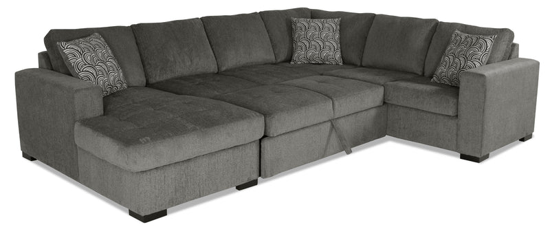 Made in Canada Legend 3-Piece Left-Facing Chenille Fabric Sleeper Sectional with Storage Chaise - Pewter Brown 