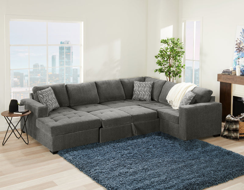 Made in Canada Legend 3-Piece Left-Facing Chenille Fabric Sleeper Sectional with Storage Chaise - Pewter Brown 