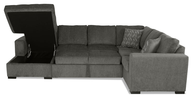 Made in Canada Legend 3-Piece Left-Facing Chenille Fabric Sleeper Sectional with Storage Chaise - Pewter Brown 