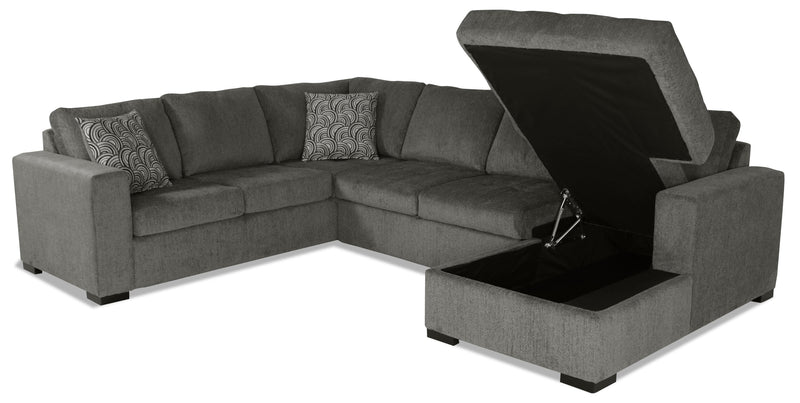 Made in Canada Legend 3-Piece Right-Facing Chenille Fabric Sleeper Sectional with Storage Chaise - Pewter Brown 