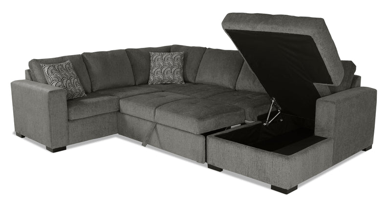 Made in Canada Legend 3-Piece Right-Facing Chenille Fabric Sleeper Sectional with Storage Chaise - Pewter Brown 