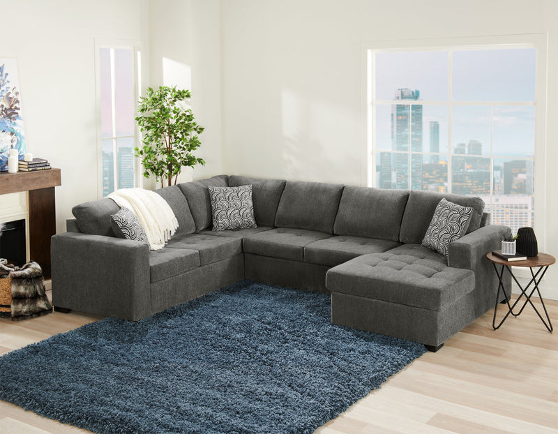 Made in Canada Legend 3-Piece Right-Facing Chenille Fabric Sleeper Sectional with Storage Chaise - Pewter Brown 