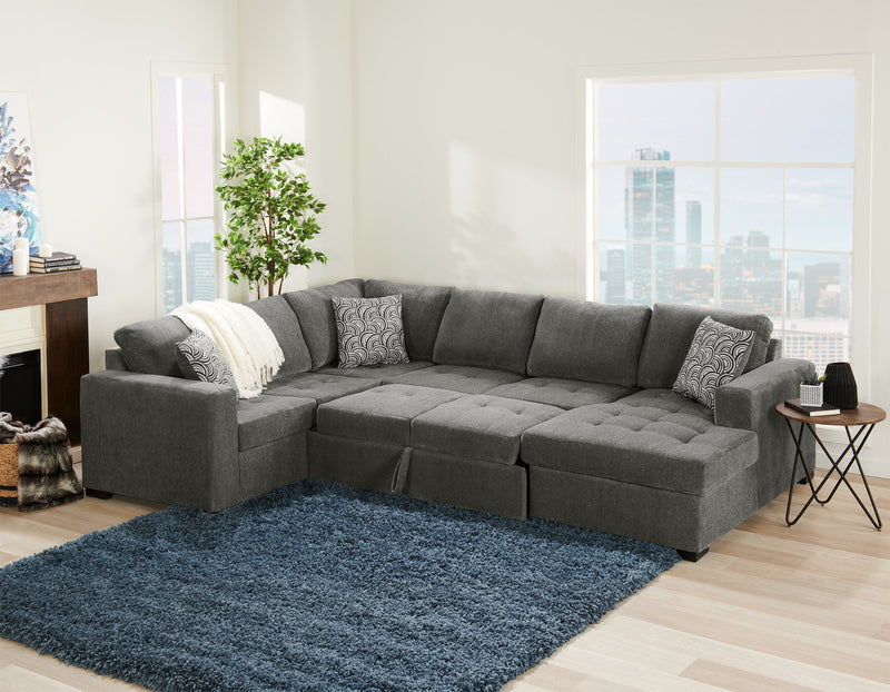 Made in Canada Legend 3-Piece Right-Facing Chenille Fabric Sleeper Sectional with Storage Chaise - Pewter Brown 