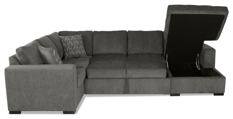 Made in Canada Legend 3-Piece Right-Facing Chenille Fabric Sleeper Sectional with Storage Chaise - Pewter Brown 