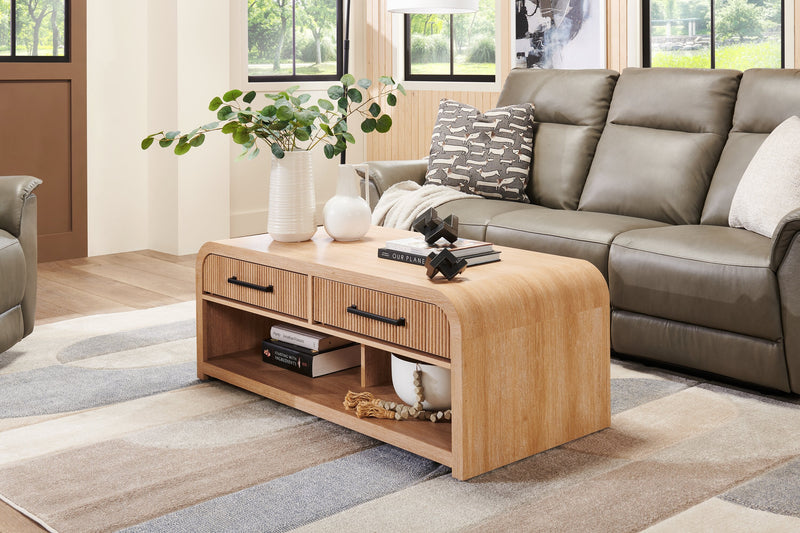 Lenore 48” Modern Coffee Table with Storage, Shelf and Casters - Natural