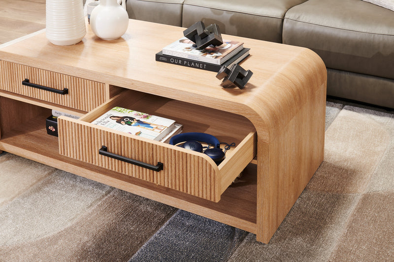 Lenore 48” Modern Coffee Table with Storage, Shelf and Casters - Natural