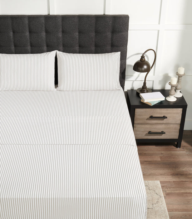 Striped 4-Piece King Cotton Sheet Set - Light Grey 