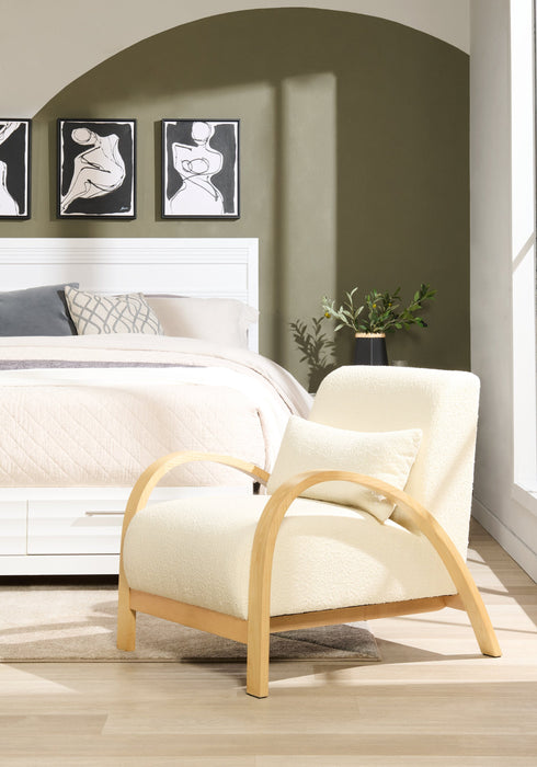 Loft 27.55\" White Boucle Fabric Accent Chair with Accent Pillow and Wood Armrests and Legs