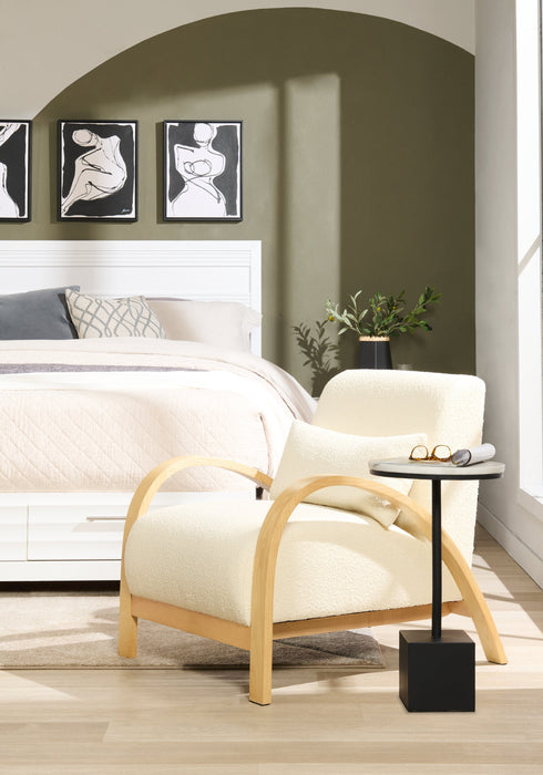 Loft 27.55\" White Boucle Fabric Accent Chair with Accent Pillow and Wood Armrests and Legs