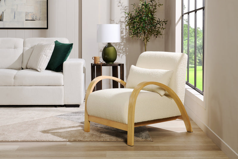 Loft 27.55\" White Boucle Fabric Accent Chair with Accent Pillow and Wood Armrests and Legs