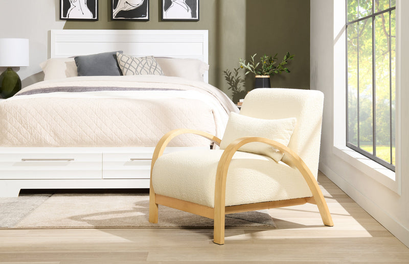 Loft 27.55\" White Boucle Fabric Accent Chair with Accent Pillow and Wood Armrests and Legs