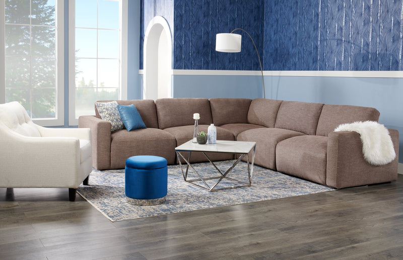 Kort & Co. Lotus Modular 5-Piece Chenille Fabric Sectional with Feather Down Cushions - Coffee Brown 