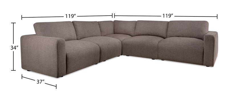 Kort & Co. Lotus Modular 5-Piece Chenille Fabric Sectional with Feather Down Cushions - Coffee Brown 