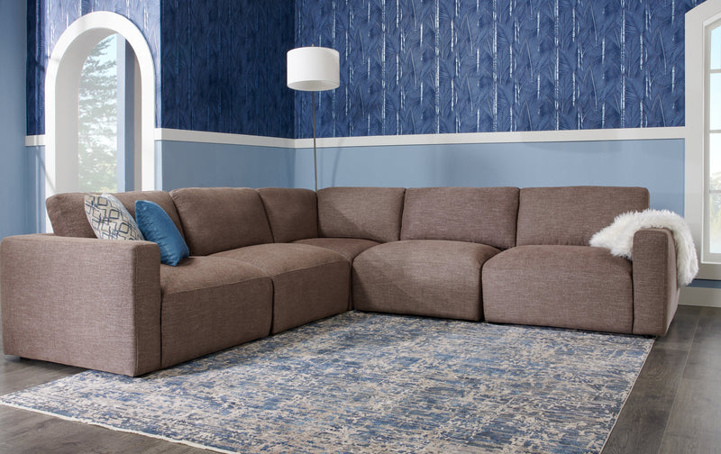 Kort & Co. Lotus Modular 5-Piece Chenille Fabric Sectional with Feather Down Cushions - Coffee Brown 