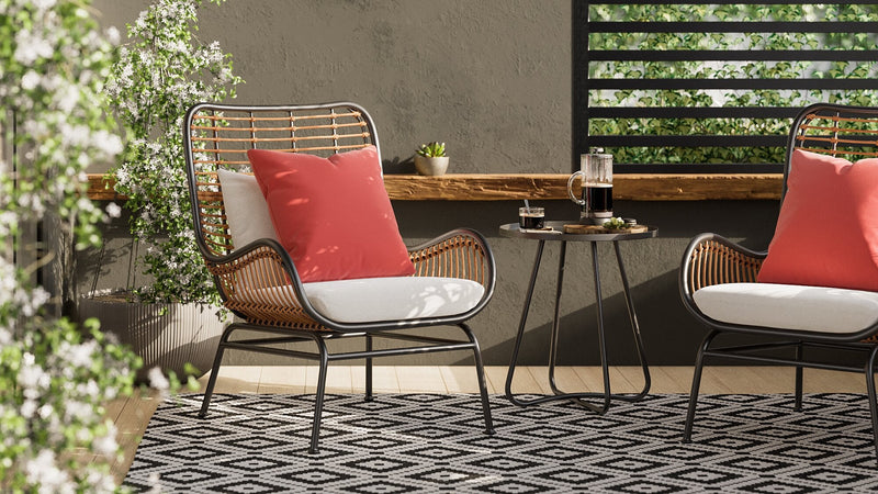 Maki 3-Piece Outdoor Patio Conversation Set with 2 Chairs & Round Metal End Table - Hand-Woven Resin Wicker, UV & Weather Resistant - Natural