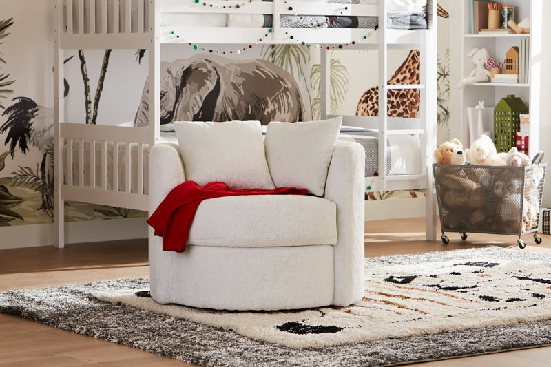 Made in Canada Petite 36\" Chenille Fabric Swivel Cuddler Accent Chair - Plush Heaven White 