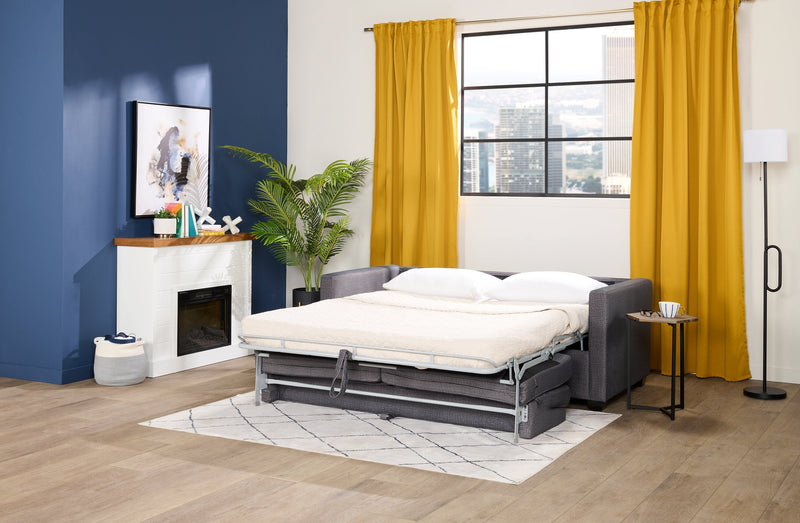 Dynasty Everlee 76.5\" Grey Microsuede Queen-Size Sofa Bed with Memory Foam and Two Accent Pillows