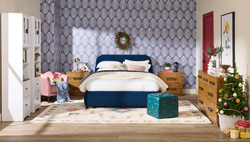 Mave Upholstered Platform Bed in Blue Velvet - Queen Size